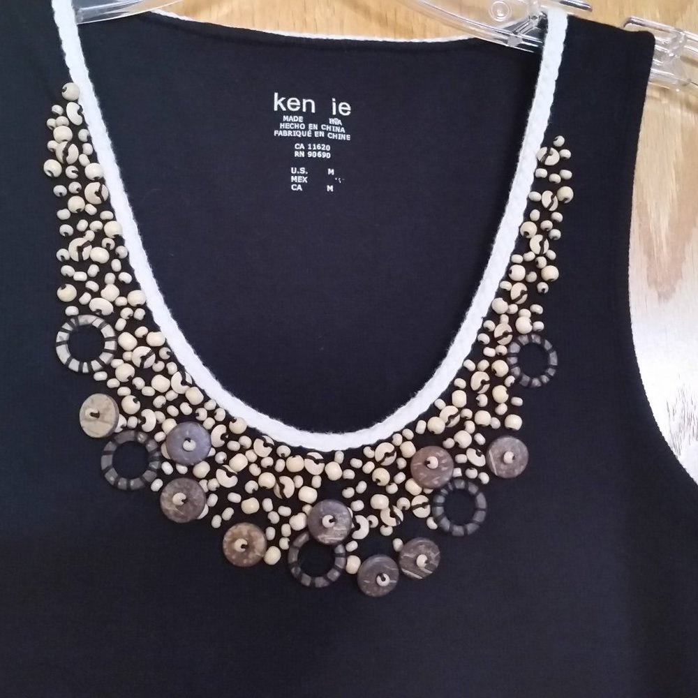 Kensie Black Cotton Tank with Wood Beads Medium